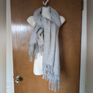 Krown Cashmere Gray Cashmere Wool Blend Fringe Wide Shawl Scarf